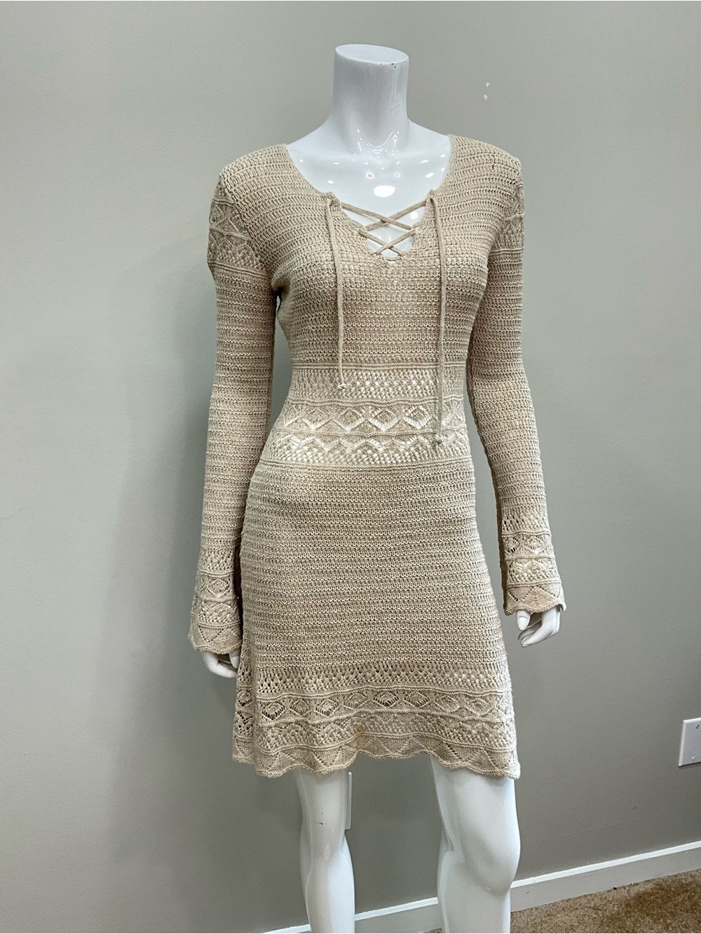 ZARA Cream Crochet Knit Lace-Up Bell Sleeve Mini Dress Boho Festival Sz S